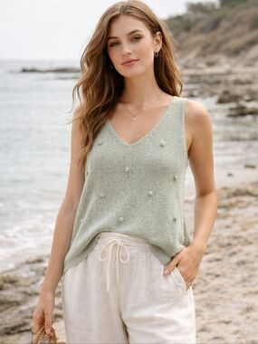 Blu Pepper Sage Green Knit Tank Textured Pom Detail Minimal Coastal Top
